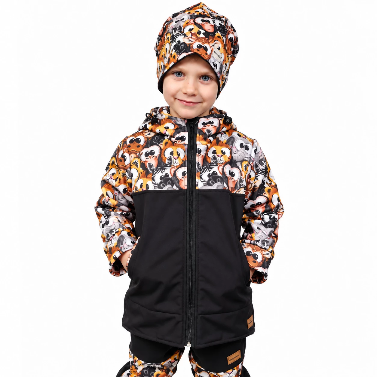 Dětská softshellová bunda "parka"- černá crazy animals