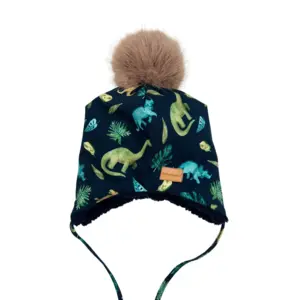 Dětská čepice "Ušanka" s bambulí - Dinosauři
