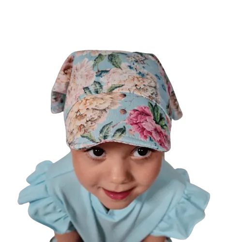 Dětský šátek na hlavu s kšiltem - mentolové kytičky