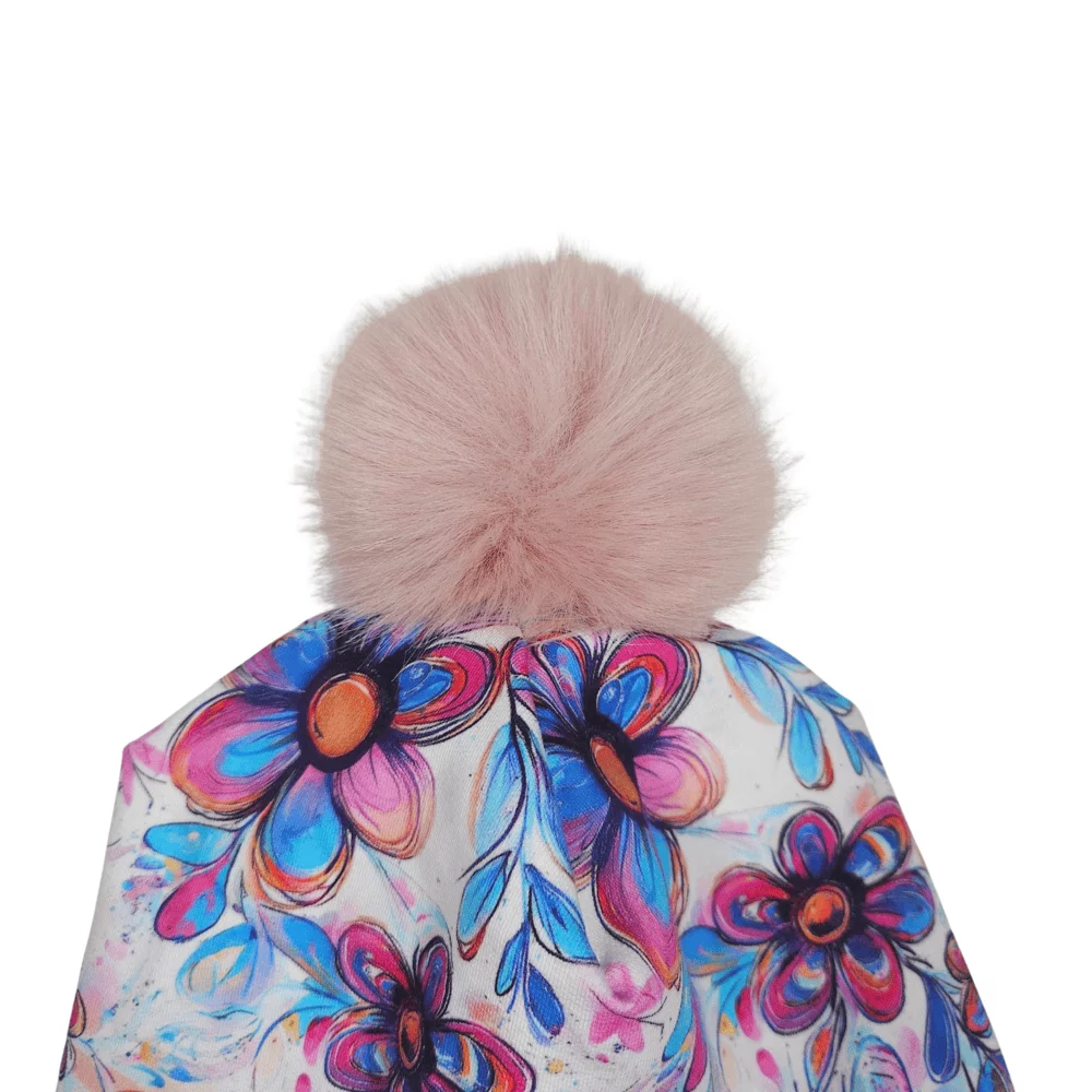 Dětská čepice "Ušanka" s bambulí - Pastelové květy