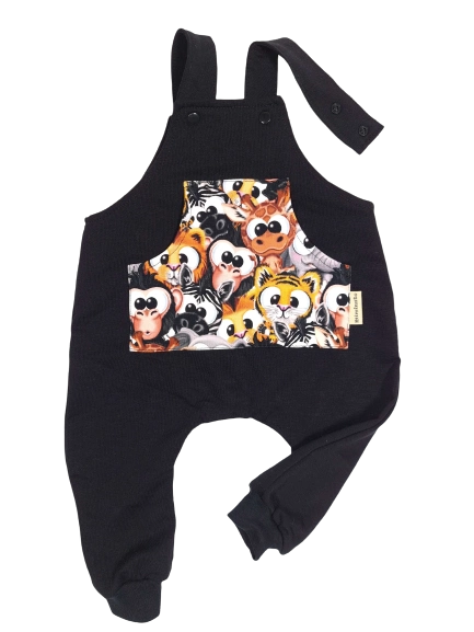 Dětské laclové kalhoty s kapsou - vykulená zvířátka