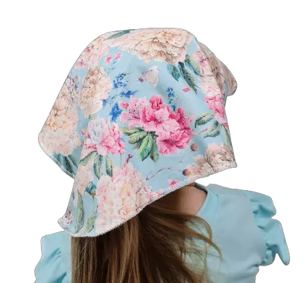 Dětský šátek na hlavu s kšiltem - mentolové kytičky