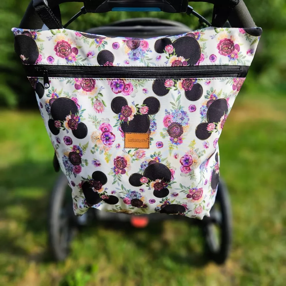Taška na kočárek easy - Mickey hlavy s kytičkami sklad