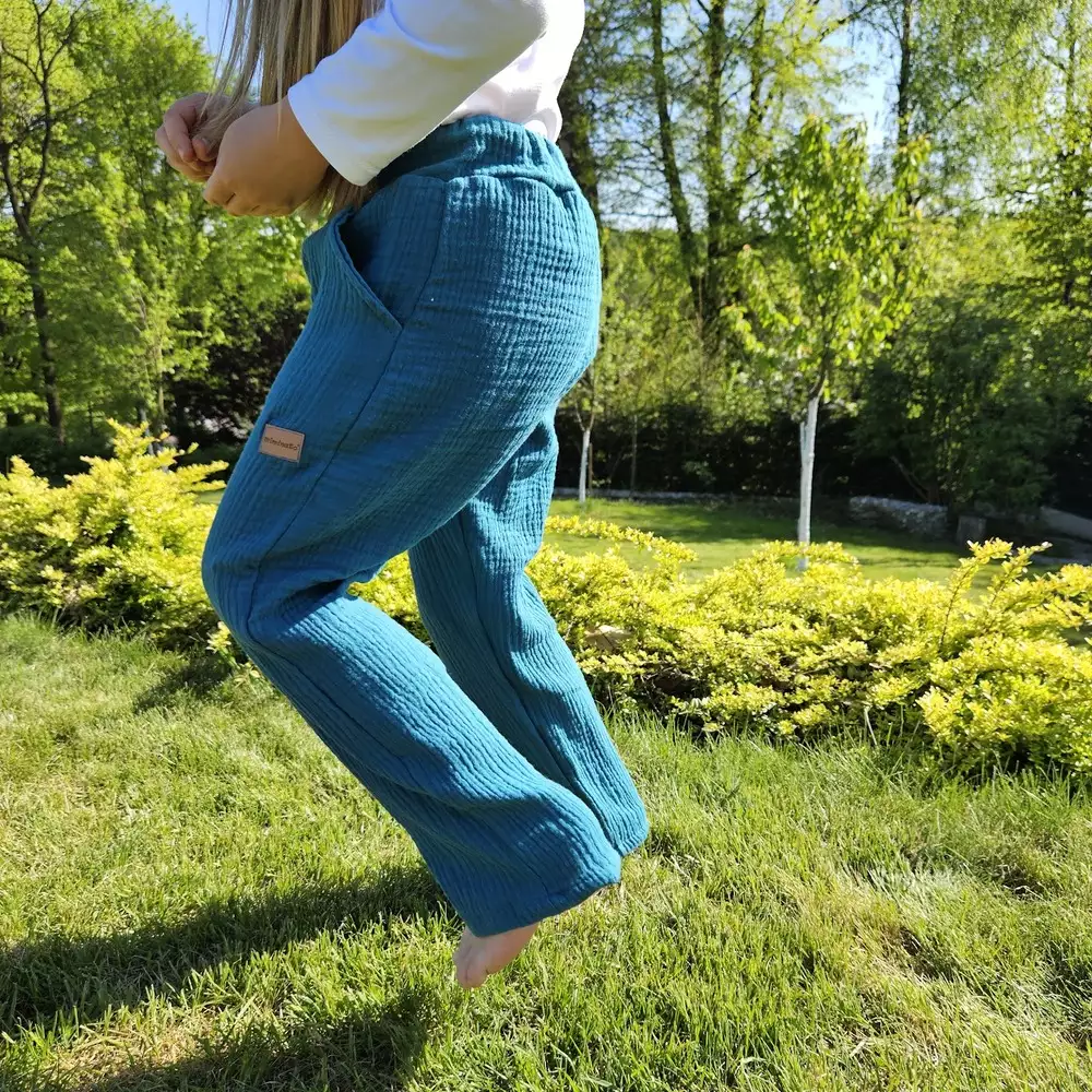 Dětské mušelínové kalhoty - petrolejová zelená