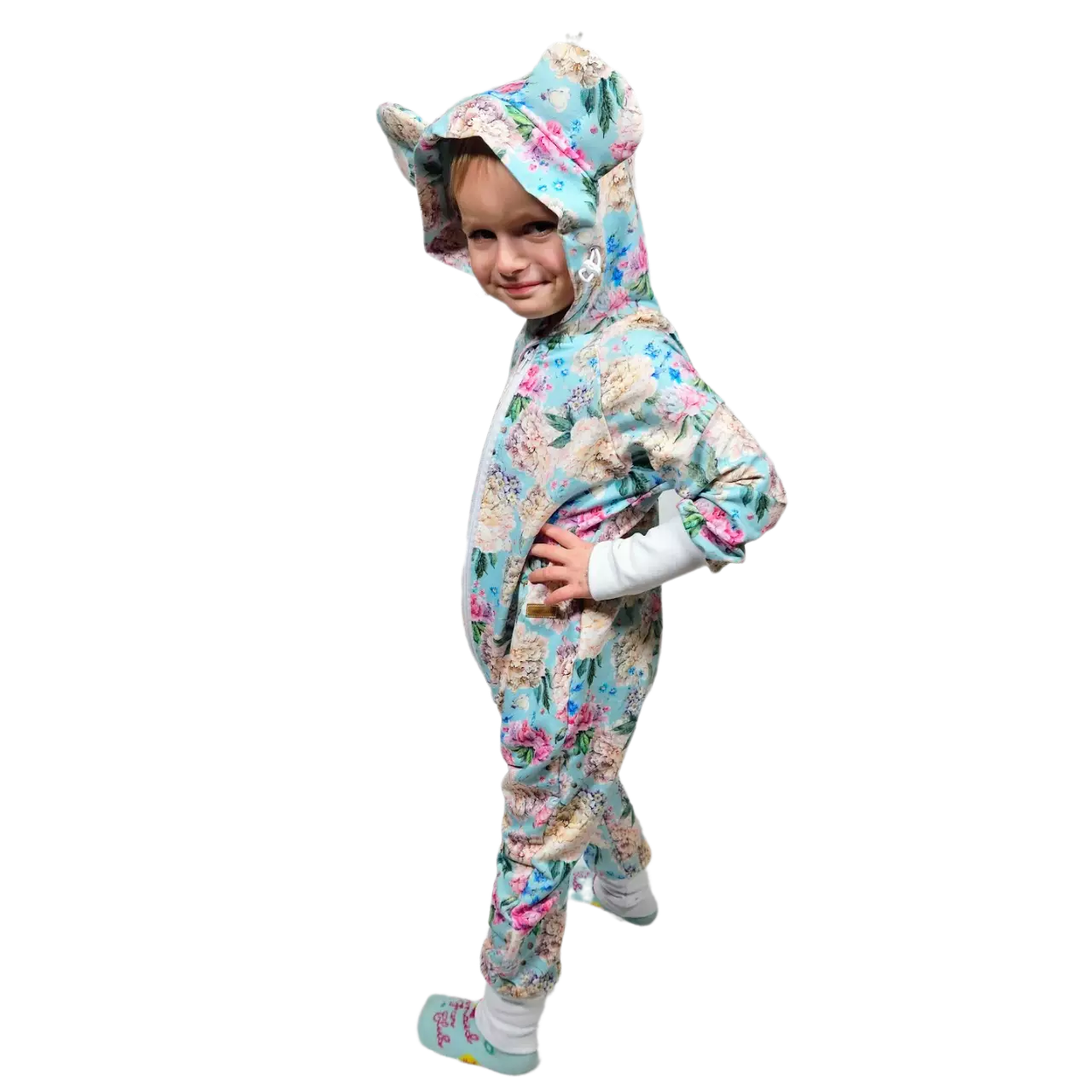 Dětský rostoucí teplákový overal - mentolové kytičky