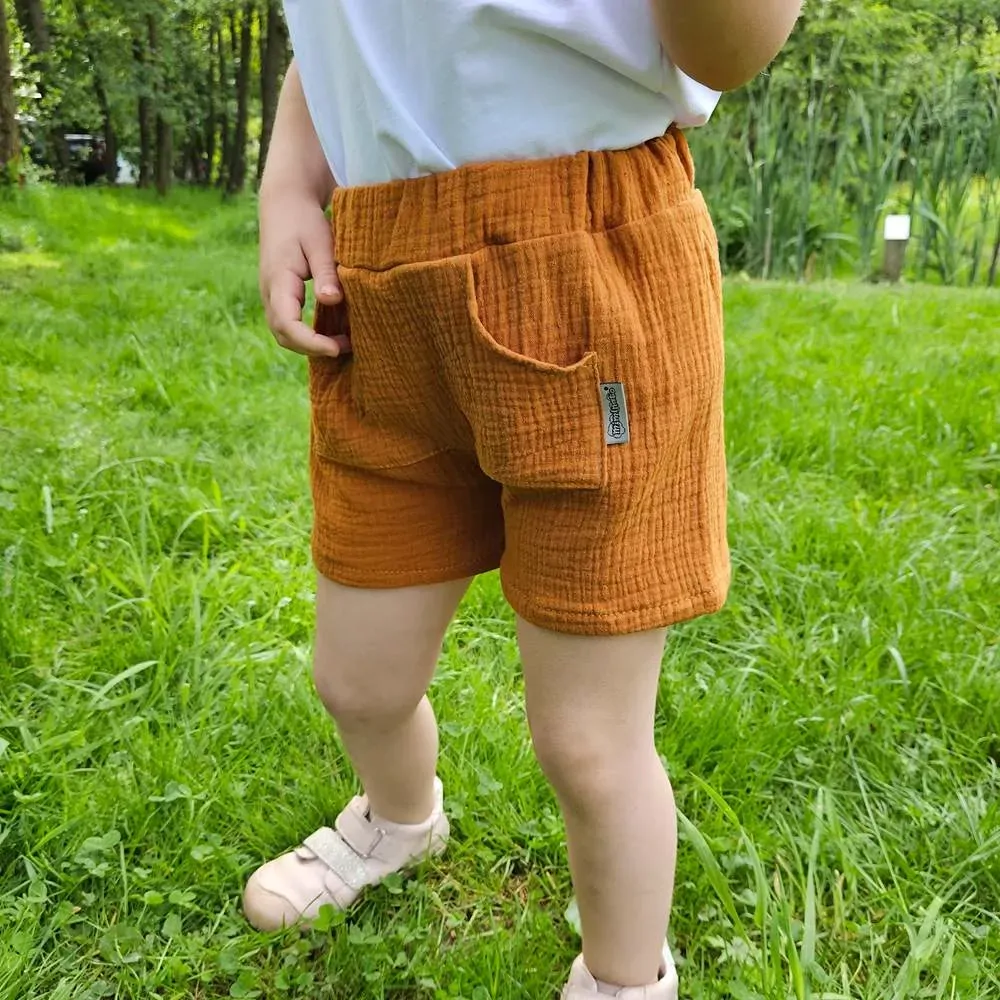 Dětské mušelínové kraťasy - karamelová