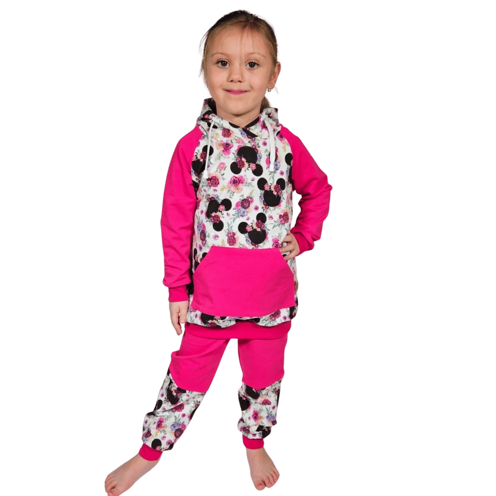 Prodloužená dětská mikina s kapucí - Mickey s kytičkami