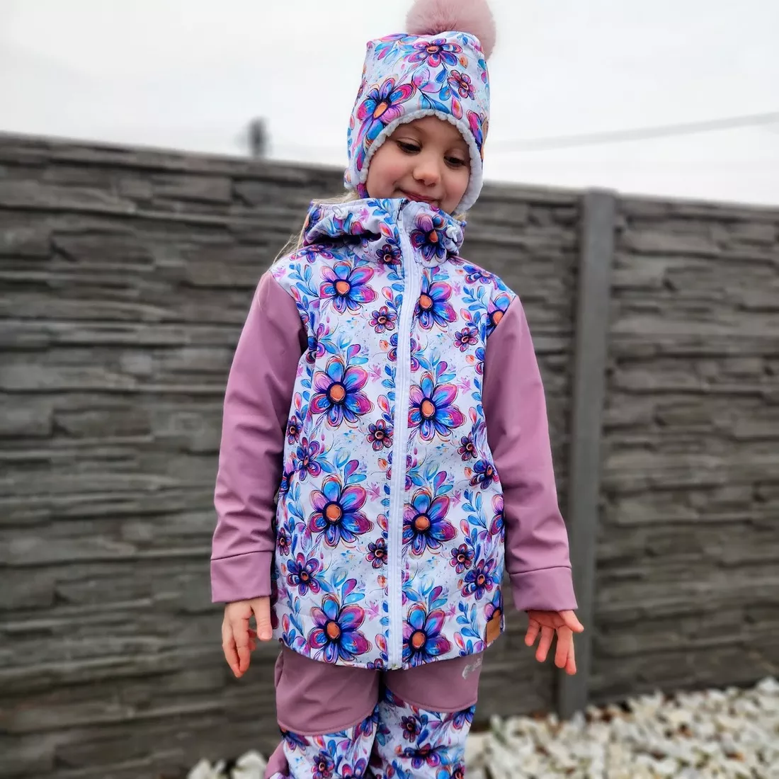 Dětská softshellová bunda - Pastelové květy lila