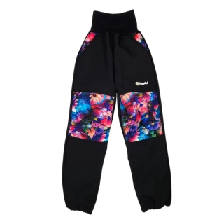 Dětské softshellové kalhoty - pohádkové kytičky s černou