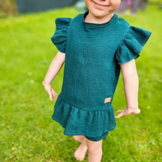 Dětské mušelínové triko s volánky na ramenou - petrolejová zelená