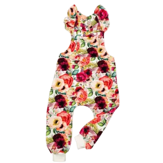 Dětské laclové kalhoty s volánky na ramenou - růže pestrobarevná