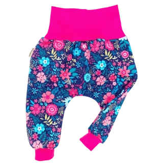 Dětské tepláčky barevné kytky na modrém sklad vel. 56